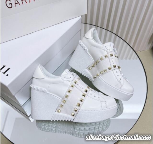 Good Looking Valentino Open Disco Wegde Sneakers in Calfskin with Studs Canvas Band White 0725048