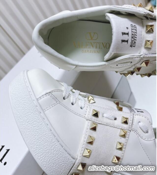 Good Looking Valentino Open Disco Wegde Sneakers in Calfskin with Studs Canvas Band White 0725048