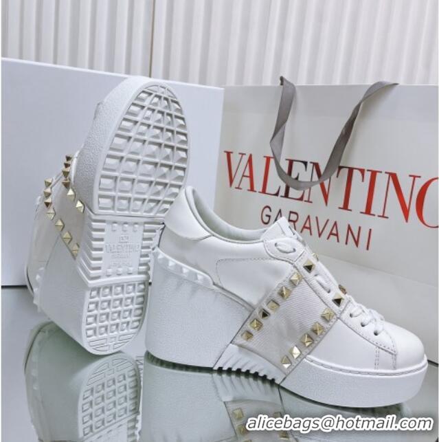 Good Looking Valentino Open Disco Wegde Sneakers in Calfskin with Studs Canvas Band White 0725048