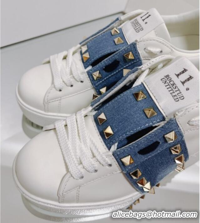 Good Quality Valentino Open Disco Wegde Sneakers in Calfskin with Stud Denim Band White/Blue 725049