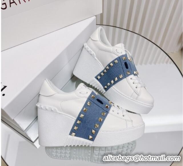 Good Quality Valentino Open Disco Wegde Sneakers in Calfskin with Stud Denim Band White/Blue 725049