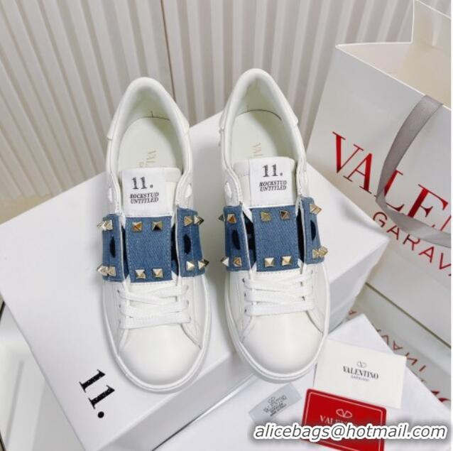 Good Quality Valentino Open Disco Wegde Sneakers in Calfskin with Stud Denim Band White/Blue 725049