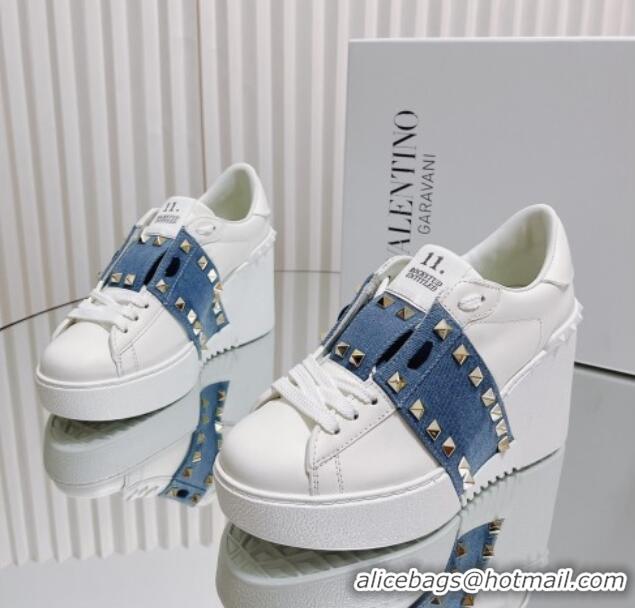 Good Quality Valentino Open Disco Wegde Sneakers in Calfskin with Stud Denim Band White/Blue 725049