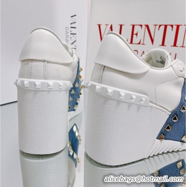 Good Quality Valentino Open Disco Wegde Sneakers in Calfskin with Stud Denim Band White/Blue 725049