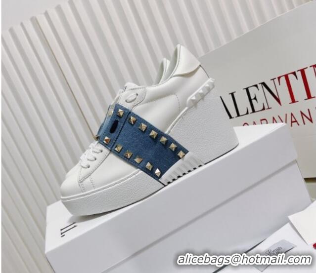 Good Quality Valentino Open Disco Wegde Sneakers in Calfskin with Stud Denim Band White/Blue 725049