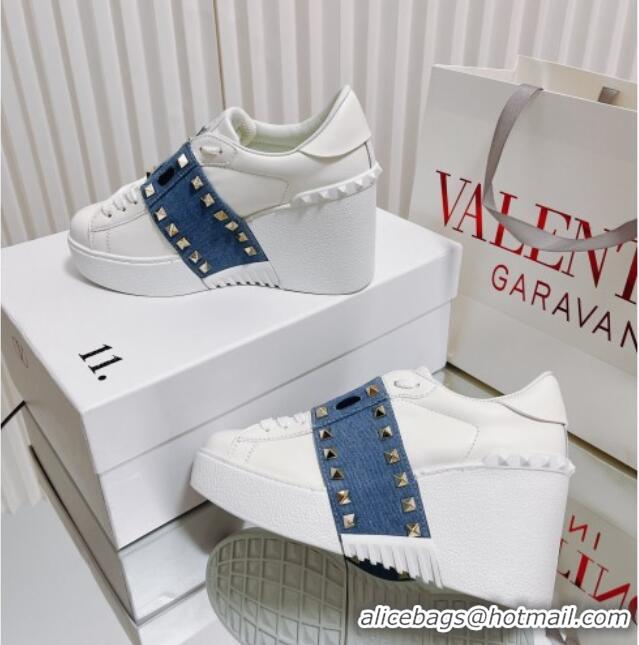 Good Quality Valentino Open Disco Wegde Sneakers in Calfskin with Stud Denim Band White/Blue 725049