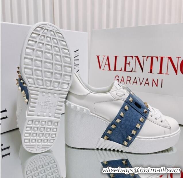 Good Quality Valentino Open Disco Wegde Sneakers in Calfskin with Stud Denim Band White/Blue 725049