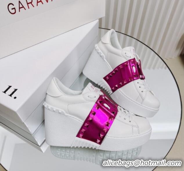 Top Grade Valentino Open Disco Wegde Sneakers in Calfskin with Pink Metallic Band White 725050