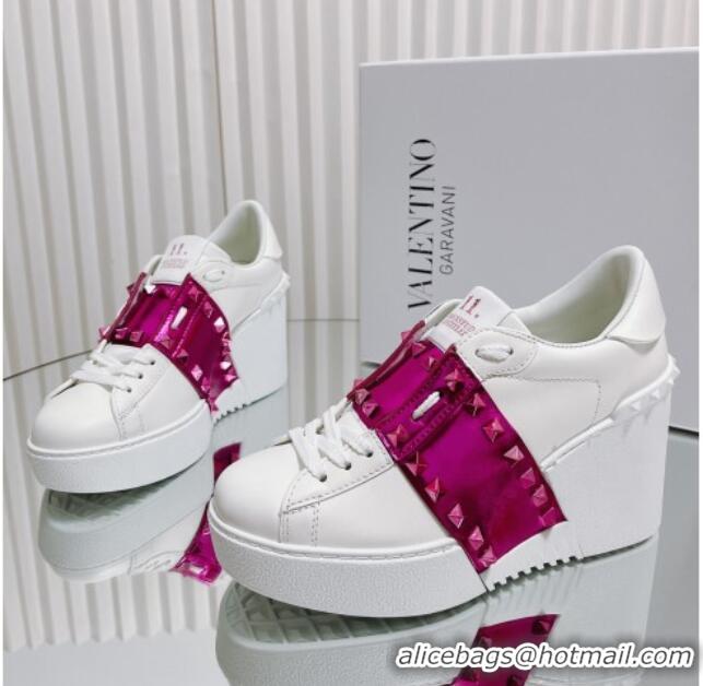 Top Grade Valentino Open Disco Wegde Sneakers in Calfskin with Pink Metallic Band White 725050