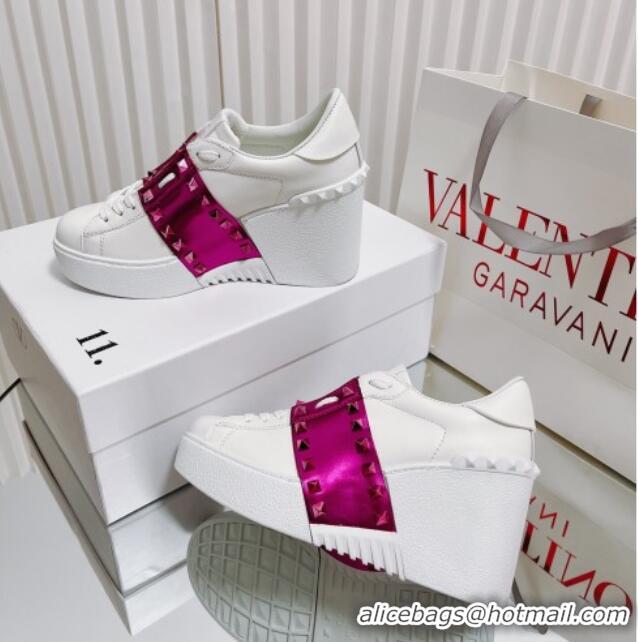 Top Grade Valentino Open Disco Wegde Sneakers in Calfskin with Pink Metallic Band White 725050