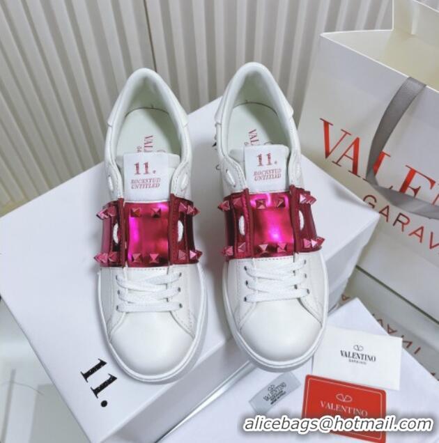 Top Grade Valentino Open Disco Wegde Sneakers in Calfskin with Pink Metallic Band White 725050