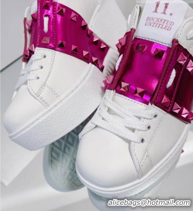 Top Grade Valentino Open Disco Wegde Sneakers in Calfskin with Pink Metallic Band White 725050