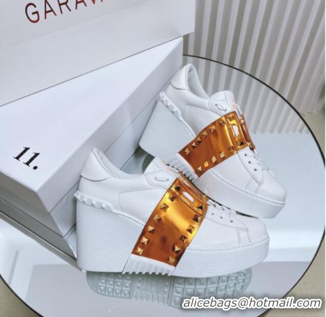 Unique Style Valentino Open Disco Wegde Sneakers in Calfskin with Gold Metallic Band White 0725051