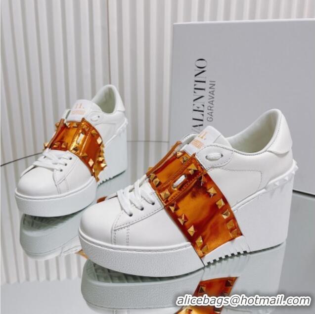 Unique Style Valentino Open Disco Wegde Sneakers in Calfskin with Gold Metallic Band White 0725051