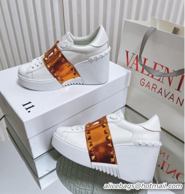 Unique Style Valentino Open Disco Wegde Sneakers in Calfskin with Gold Metallic Band White 0725051