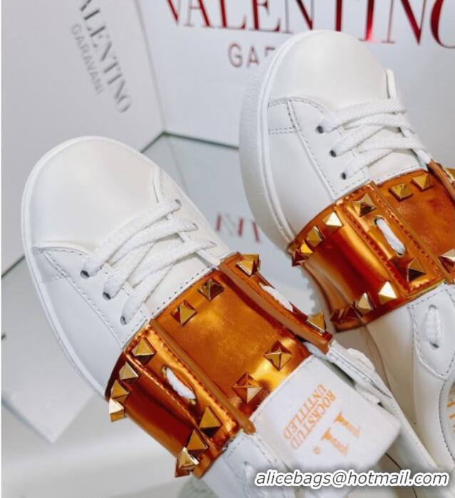 Unique Style Valentino Open Disco Wegde Sneakers in Calfskin with Gold Metallic Band White 0725051