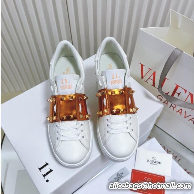 Unique Style Valentino Open Disco Wegde Sneakers in Calfskin with Gold Metallic Band White 0725051