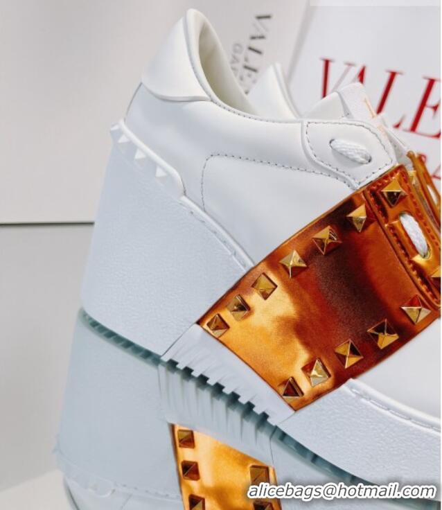 Unique Style Valentino Open Disco Wegde Sneakers in Calfskin with Gold Metallic Band White 0725051