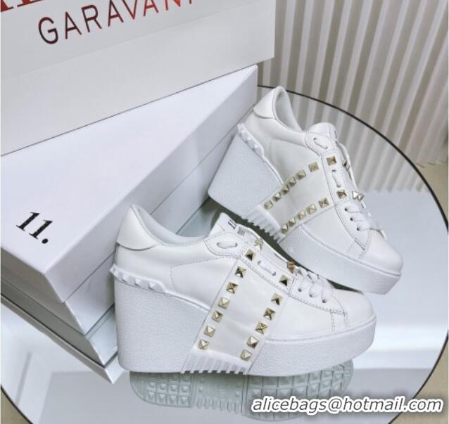 Purchase Valentino Open Disco Wegde Sneakers in Calfskin with Stud Leather Band White 0725052