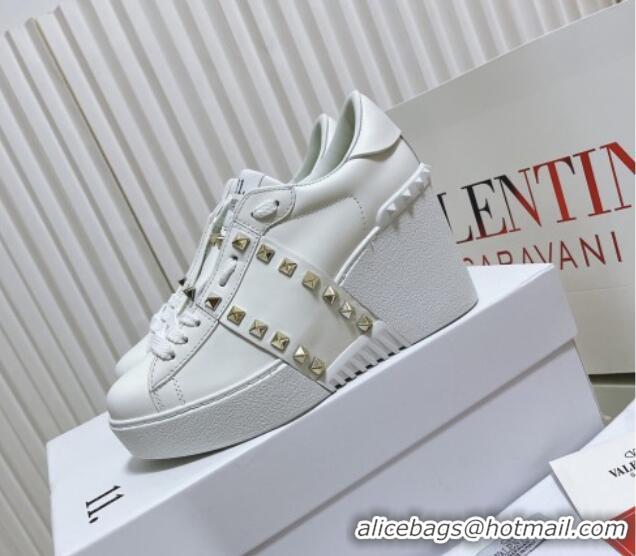 Purchase Valentino Open Disco Wegde Sneakers in Calfskin with Stud Leather Band White 0725052