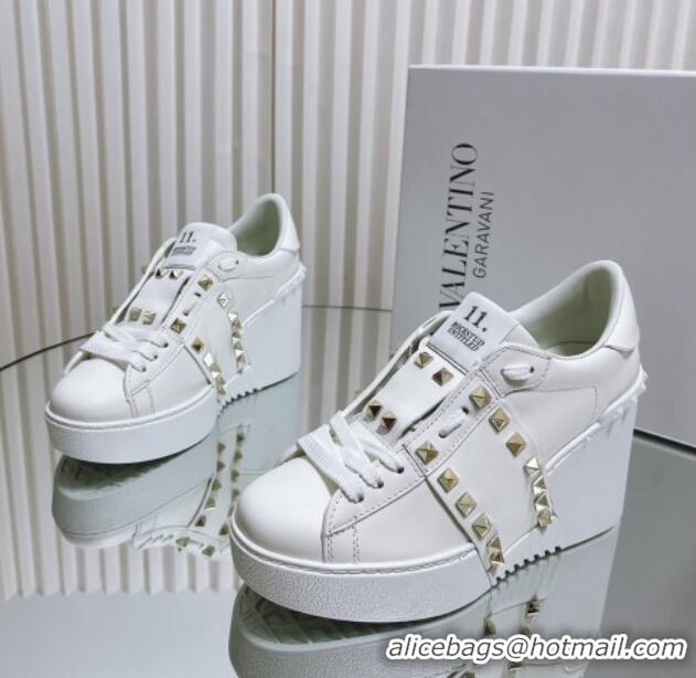 Purchase Valentino Open Disco Wegde Sneakers in Calfskin with Stud Leather Band White 0725052