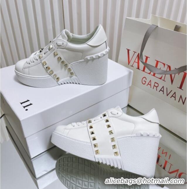 Purchase Valentino Open Disco Wegde Sneakers in Calfskin with Stud Leather Band White 0725052