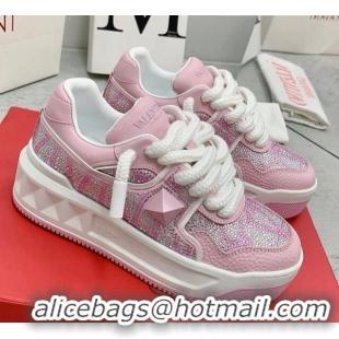 Luxurious Valentino ONE STUD XL Sneakers with Toile Iconographe Crystals Light Pink 804114 