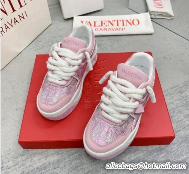 Luxurious Valentino ONE STUD XL Sneakers with Toile Iconographe Crystals Light Pink 804114 