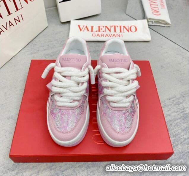 Luxurious Valentino ONE STUD XL Sneakers with Toile Iconographe Crystals Light Pink 804114 