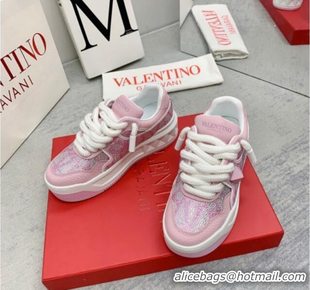 Luxurious Valentino ONE STUD XL Sneakers with Toile Iconographe Crystals Light Pink 804114 