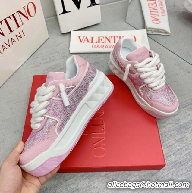 Luxurious Valentino ONE STUD XL Sneakers with Toile Iconographe Crystals Light Pink 804114 