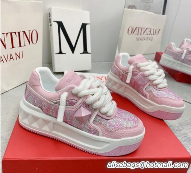 Luxurious Valentino ONE STUD XL Sneakers with Toile Iconographe Crystals Light Pink 804114 