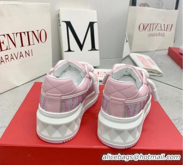 Luxurious Valentino ONE STUD XL Sneakers with Toile Iconographe Crystals Light Pink 804114 