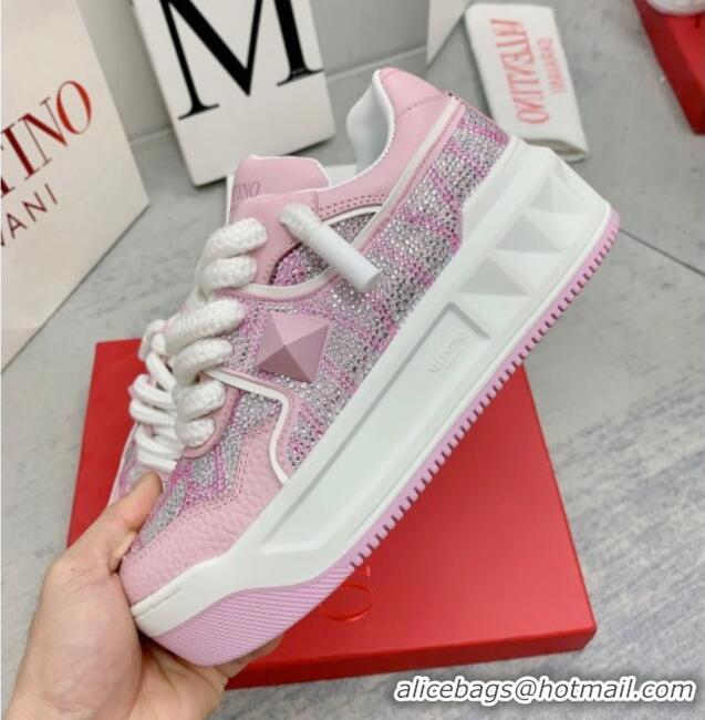 Luxurious Valentino ONE STUD XL Sneakers with Toile Iconographe Crystals Light Pink 804114 