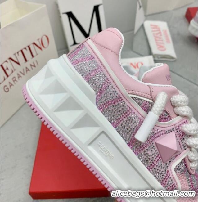 Luxurious Valentino ONE STUD XL Sneakers with Toile Iconographe Crystals Light Pink 804114 