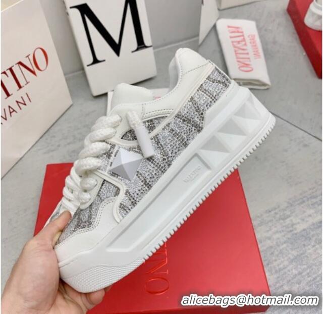 Shop Duplicate Valentino ONE STUD XL Sneakers with Toile Iconographe Crystals Silver 804115