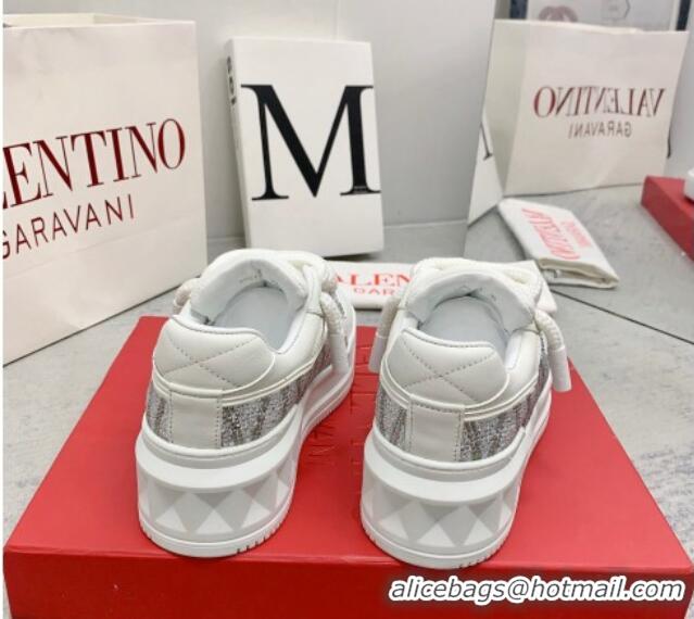 Shop Duplicate Valentino ONE STUD XL Sneakers with Toile Iconographe Crystals Silver 804115