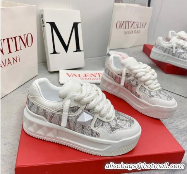 Shop Duplicate Valentino ONE STUD XL Sneakers with Toile Iconographe Crystals Silver 804115