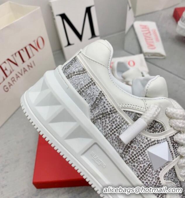 Shop Duplicate Valentino ONE STUD XL Sneakers with Toile Iconographe Crystals Silver 804115