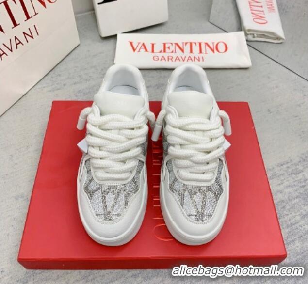 Shop Duplicate Valentino ONE STUD XL Sneakers with Toile Iconographe Crystals Silver 804115