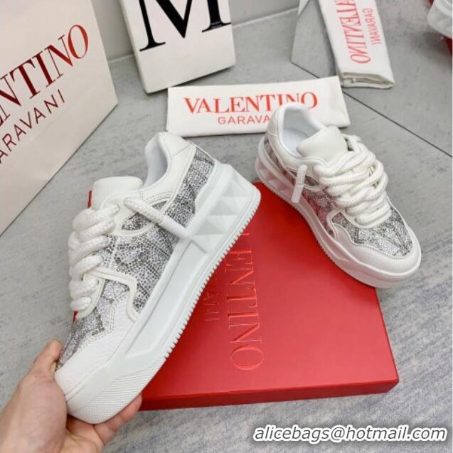 Shop Duplicate Valentino ONE STUD XL Sneakers with Toile Iconographe Crystals Silver 804115