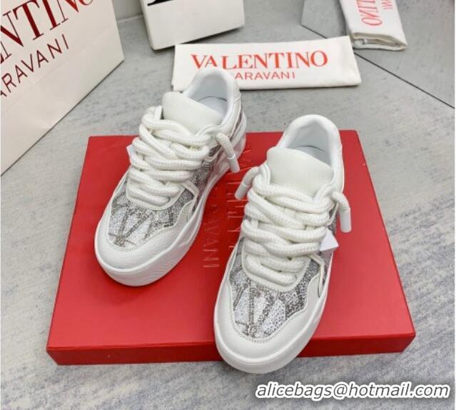 Shop Duplicate Valentino ONE STUD XL Sneakers with Toile Iconographe Crystals Silver 804115