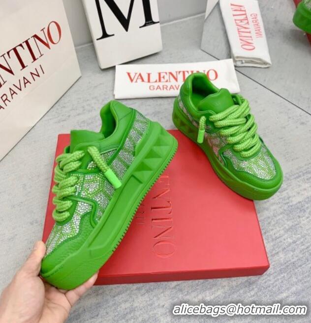 Top Design Valentino ONE STUD XL Sneakers with Toile Iconographe Crystals Green 804117