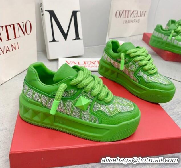 Top Design Valentino ONE STUD XL Sneakers with Toile Iconographe Crystals Green 804117