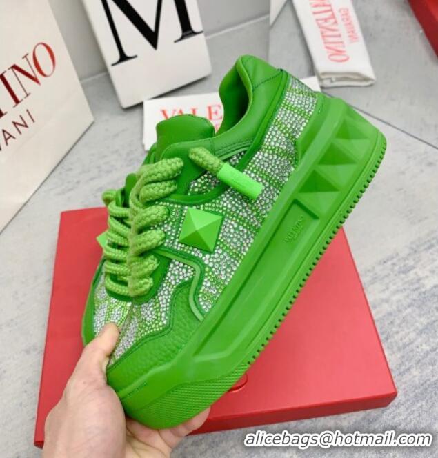 Top Design Valentino ONE STUD XL Sneakers with Toile Iconographe Crystals Green 804117