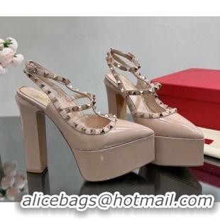 Discount Valentino Rockstud Pointed Platform Pump 15.5cm in Patent Leather Nude 809011