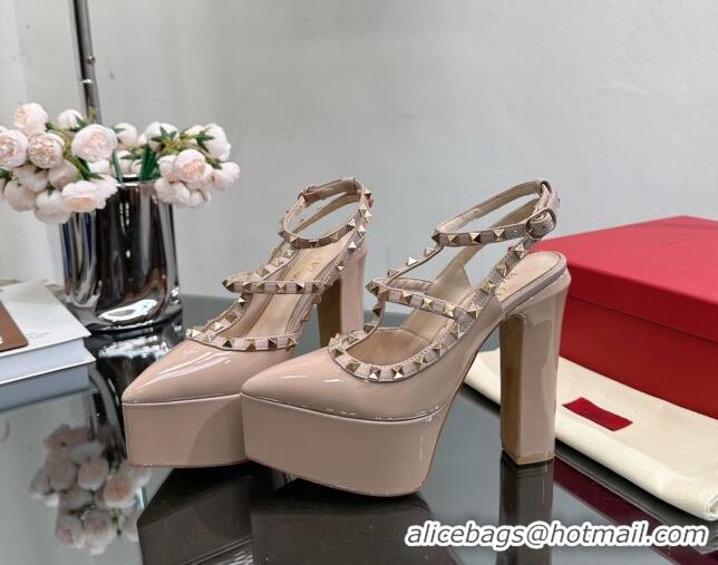 Discount Valentino Rockstud Pointed Platform Pump 15.5cm in Patent Leather Nude 809011