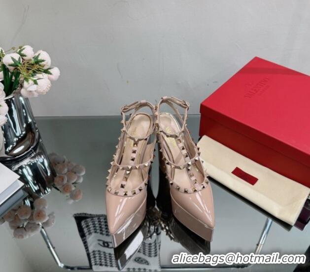 Discount Valentino Rockstud Pointed Platform Pump 15.5cm in Patent Leather Nude 809011