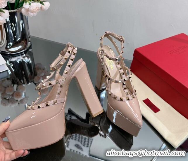 Discount Valentino Rockstud Pointed Platform Pump 15.5cm in Patent Leather Nude 809011