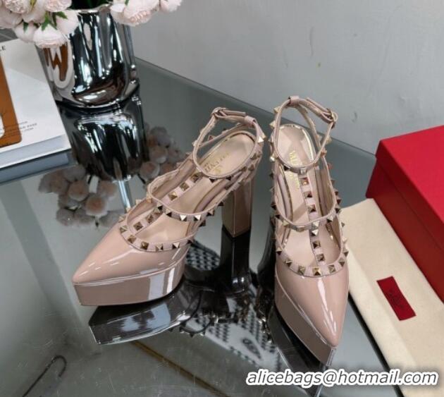 Discount Valentino Rockstud Pointed Platform Pump 15.5cm in Patent Leather Nude 809011